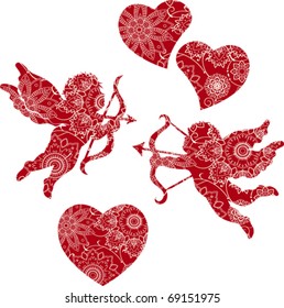 Floral Cupids and Hearts. All elements and textures are individual objects. Vector illustration scale to any size.