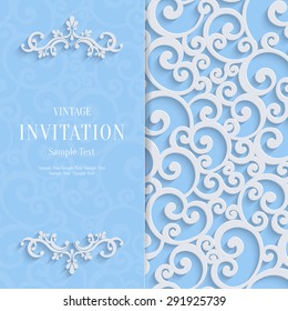 Floral Curl Blue Background with 3d Swirl Damask Pattern for Wedding or Invitation Card. Vector White Vintage Design