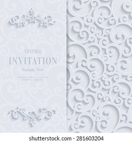 Floral Curl White Background with 3d Swirl Damask Pattern for Wedding or Invitation Card. Vector White Vintage Design
