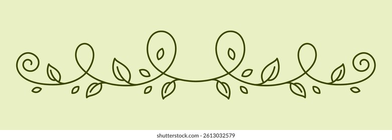 Floral curling element. Decorative nature swirling divider with leaves.