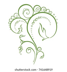 Floral curly ornament. Curly green decorative element. Graphic isolated ornament on white background. Vintage ornamet with leaf elements. Vector illustration.