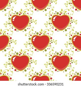 Floral curves and red heart. Seamless pattern.