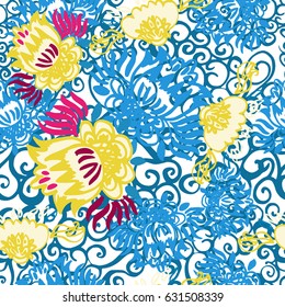 Floral curves repeating patterns. Vector silhouette floral seamless backgrounds.