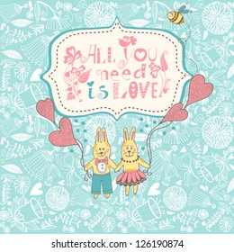 Floral cute background with funny bunnies, hearts and letters "All you need is love"/blue.