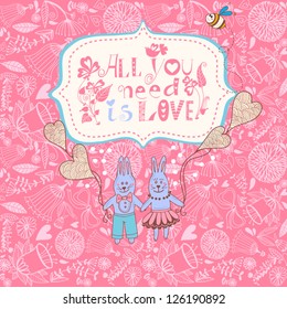 Floral cute background with funny bunnies, hearts and letters "All you need is love"/pink.
