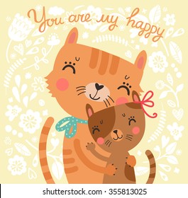  Floral Cute Background With Mother Cat And Baby Cat