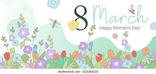 Floral Cute Banner for the Women's Day.  Spring March 8 Card with the decor of flowers. Natural background with 8 and flowers in cartoon cute springtime style. Vector.