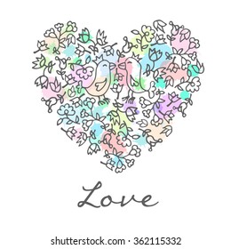 Floral cute doodle heart with birds. Template for card, wedding, Valentines day