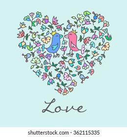 Floral cute doodle heart with birds. Template for card, wedding, Valentines day