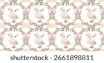 Floral cute goose seamless pattern with pink bow and heart. Coquette design with carnation and daisy flower. Pastel background for textile and wallpaper. Also good for baby fabric and wrapping paper.