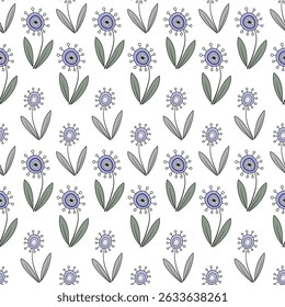 Floral cute seamless pattern in country style. Calm purple green flowers on white background. Fantasy doodle flowers with black contour. Alternating horizontal rows of flowers.