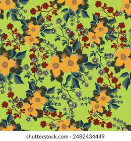 Blumenniedliches nahtloses Muster mit Blumen und Blättern. Designhintergrund für Mode, Stoff, Web, Bildschirmhintergrund, Textil, Verpackung.