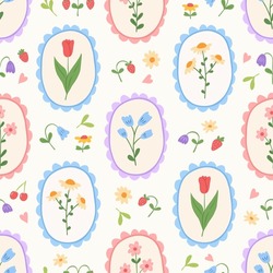 Floral cute seamless pattern with hand drawn beautiful flowers, garden blooming, strawberry. Spring summer cozy background. Vintage trendy print. Cottage core aesthetic. Vector flat illustration.