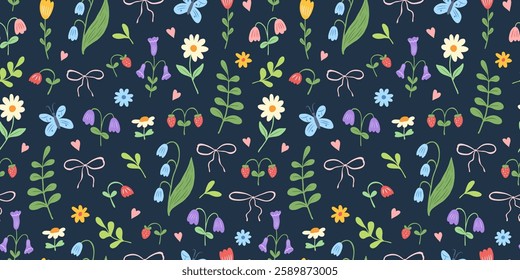 Floral cute seamless pattern with hand drawn beautiful flowers, bows, strawberry, butterfly, leaves and herb. Spring and summer trendy background. Abstract modern print. Vector flat illustration.