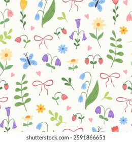 Floral cute seamless pattern with hand drawn beautiful flowers, bows, strawberry, butterfly, leaves and herb. Spring and summer trendy background. Abstract modern print. Vector flat illustration.