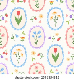 Floral cute seamless pattern with hand drawn beautiful flowers, garden blooming, strawberry. Spring summer cozy background. Vintage trendy print. Cottage core aesthetic. Vector flat illustration.