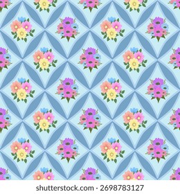 Floral cute seamless pattern with hand drawn beautiful flowers, garden blooming, Spring summer has a cozy background. Vintage trendy print. Cottage core aesthetic. Vector illustration, ditsy floral