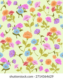Patrón sin fisuras lindo floral con flores hermosas dibujadas a mano, jardín floreciente, primavera verano tiene un fondo acogedor. Antiguas estampado de moda. Estética del núcleo de la cabaña. Ilustración plana de Vector.