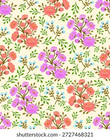 Patrón sin fisuras lindo floral con las flores hermosas dibujadas a mano rosadas, rojas, azules, jardín floreciente, primavera verano tiene un fondo acogedor. Antiguas estampado de moda. Estética del núcleo de la cabaña. Ilustración plana de Vector