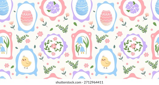 Patrón sin fisuras lindo floral con Elementos de primavera dibujados a mano, flores en flor, motivos enmarcados, polluelos, huevos de Pascua y hojas de jardín. Fondo pastel acogedor. Estética del núcleo de la cabaña de Antiguas. Vector