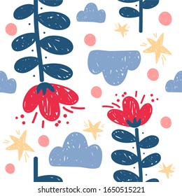 floral cute seamless print, large flowers, clouds, stars, spots