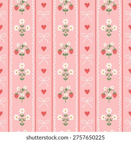 Floral cute seamless striped pattern with hand drawn beautiful strawberry, flowers and bow. Summer girly background. Coquette trendy print. Vector illustration for textile, baby clothes. 