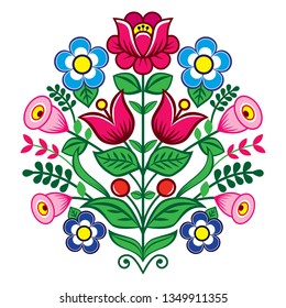 Floral cute vector pattern from Poland, folk art vector design, Zalipie decorative pattern with roses and leaves - greeting card, wedding invitation. Retro Polish folk design 