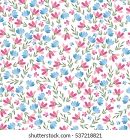 Floral cute vector seamless pattern of small flowers in pale pink and blue. Background for textile or book covers, manufacturing, wallpapers, print, gift wrap and scrapbooking.