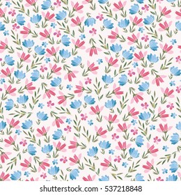 Floral cute vector seamless pattern of small flowers in pale pink and blue. Background for textile or book covers, manufacturing, wallpapers, print, gift wrap and scrapbooking