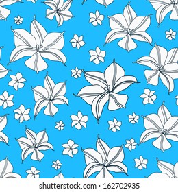 Floral Cyan Blue Seamless Pattern. Stylized Delicate Flower Texture
