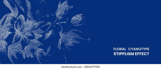 Floral cyanotype stipplism effect, abstract botanical illustration with white dots on deep blue background, artistic natureinspired graphic design