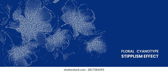 Floral cyanotype stipplism effect, abstract botanical illustration with white dots on deep blue background, artistic natureinspired graphic design element