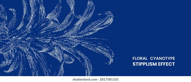 Floral cyanotype stipplism effect, abstract botanical illustration with white dots on a deep blue background, elegant natureinspired graphic design element