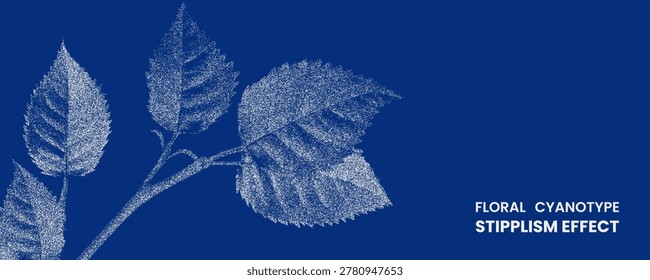 Floral cyanotype stipplism effect featuring white dotted leaves on a deep blue background. Artistic botanical illustration for creative design projects.