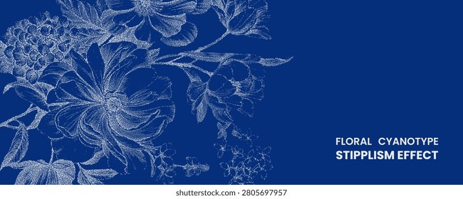 Floral cyanotype stipplism effect, white botanical illustration on deep blue background, vintage style flower sketch, artistic nature graphic design
