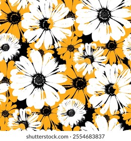 floral daisy flowers seamless pattern Grunge checkered pattern, scratches and attrition texture  background. Trendy black white yellow chamomile floral print 	