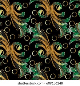 Floral damask baroque seamless pattern in embroidery style. Black background wallpaper illustration with vintage tapestry grunge arras green flowers, leaves, gold circles,  antique flourish ornaments 