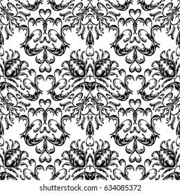 Floral damask baroque seamless pattern background wallpaper illustration with vintage  decorative flowers, scroll leaves and medieval damask ornaments. Vector isolated endless fabric texture.