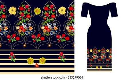 Floral damask composition. Party dress design. Seamless vector pattern with roses and wildflowers. Summer textile collection