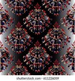 Floral damask dark seamless pattern  background wallpaper illustration with vintage abstract  3d flowers, leaves and antique ornaments in Baroque victorian  style. Vector flourish texture 
