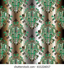 Floral damask gold seamless pattern  background wallpaper illustration with vintage abstract  3d flowers, leaves and antique ornaments in Baroque victorian  style. Vector flourish texture 