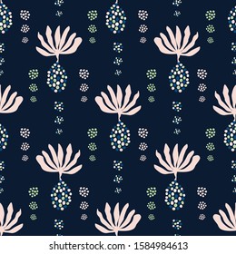 Floral Damask Motif Background. Naive Seed Blossom Dark Flower Seamless Pattern. Elegant Exotic Tropical Bloom on Classic Blue Indigo. Hand Drawn Textile Wallpaper. Repeat Illustration Vector EPS 10