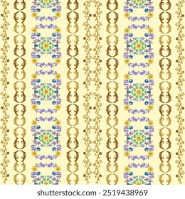 Floral Damask on Yellow Background - Classic Damask Seamless Pattern - Vector Illustration for Elegant Textile Design 