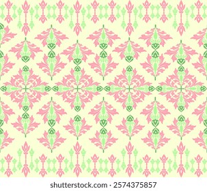 Floral damask oriental pattern with green, pink and light yellow. Arabesque elements. Seamless abstract wallpaper background.