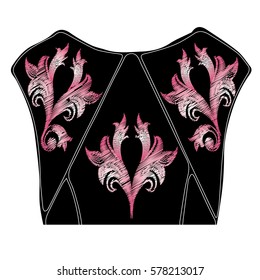 Floral damask ornaments. Vintage antique pink 3d flowers and leaves. Flourish grunge texture with effect of embroidery for fabric, textile. Design for cloth, blouses, dresses, shirt, gown.