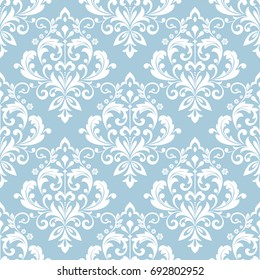 Floral damask pattern in baroque style. Seamless vector background. Blue and white ornament. Graphic modern pattern.