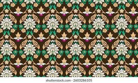 Floral damask pattern with green and brown hues, for textile, wallpaper, gift wrapping.