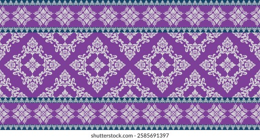 Floral damask pattern on purple background. Embroidery designs for fabrics, clothing, wraps, wallpaper and decorations.