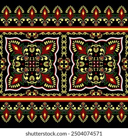 floral damask pattern with vibrant shades of red, yellow and green on a dark black background. This seamless vector illustration is perfect for wallpapers, invitations, rugs, curtains and decor items.