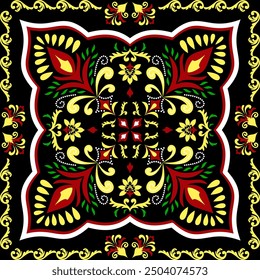 floral damask pattern with vibrant shades of red, yellow and green on a dark black background. This seamless vector illustration is perfect for wallpapers, invitations, rugs, curtains and decor items.